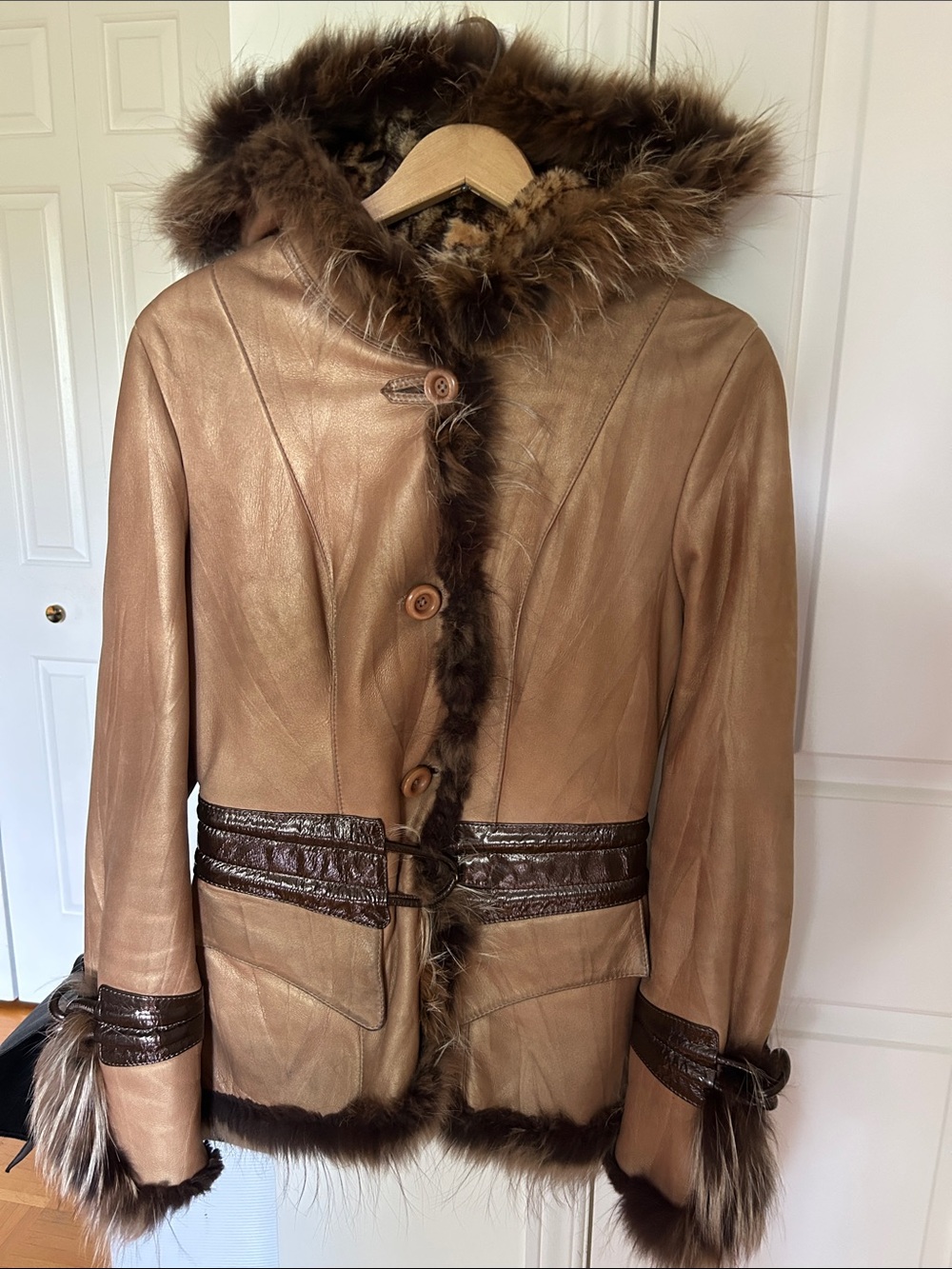 Women’s Real Goat Fur Trim and Lining Leather Jacket - Beige/Gold